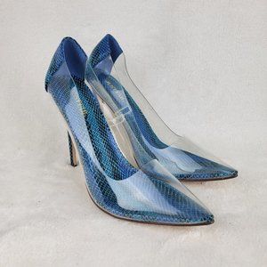 Blue Snake-Print Clear Panel High Heel Pumps